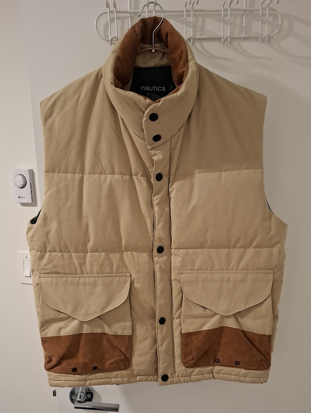 Vintage Nautica Tan Down-filled/Leather Trim Oversized Puffer Vest (Size M)